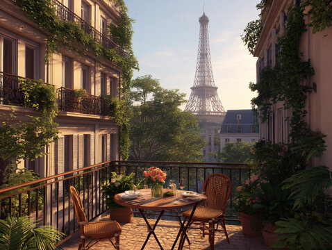 Paris apartment balcony view of eiffel tower at sunset