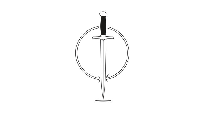 Dagger with circular metal emblem.