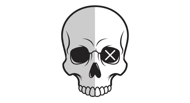 Human skull with one eye crossed.