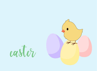 Happy Easter Chick Greeting Card Background. Cute Chick Bird Cartoon Character. Traditional Easter Egg Hunt Symbol. Pastel Colored Spring Easter Holiday Banner Surface Design. Celebration Party Decor