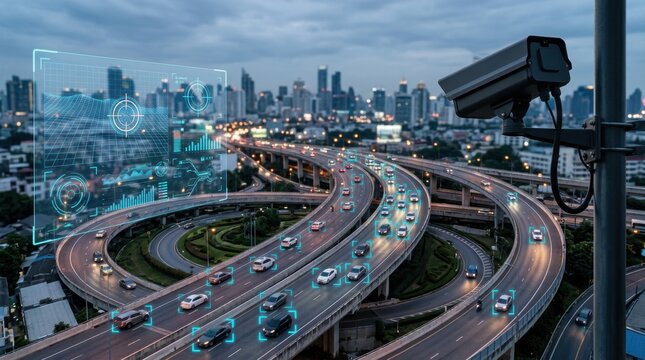 futuristic highway with smart traffic surveillance system and digital interface in cityscape