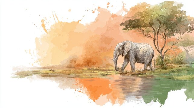 African elephant walking in savanna with watercolor brush strokes