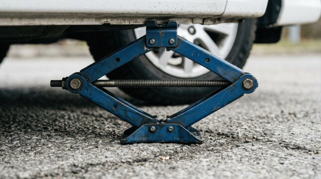 close-up of car jack lifting vehicle in parking lot showcasing repair and maintenance theme