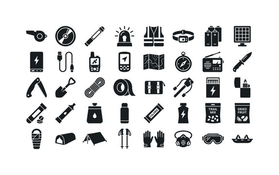 Remote wilderness emergency care supplies showing rescue whistle orange, signal mirror disc, emergency flare stick, LED beacon