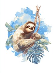 Fototapeta premium Watercolor illustration of a cute sloth sitting on a tree branch with tropical leaves and artistic blue paint splashes.