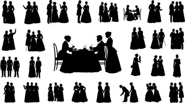  19th century silhouette vector illustration, vintage fashion, social interaction artwork, historical people design, creative antique background concept