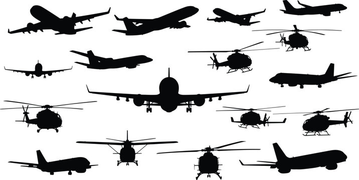 Aircraft silhouettes with airplanes and helicopters, commercial jets, small planes, vector illustration for design, artwork, aviation themes