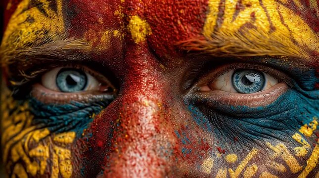 Intense portrait of striking blue eyes adorned with vibrant tribal face paint conveying strength cultural heritage and a captivating primal beauty against a dark background