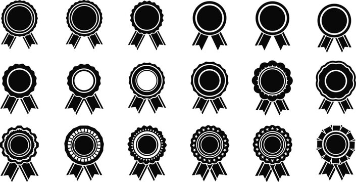 Award ribbon silhouettes with circular medallions, scalloped edges, dotted borders, vector illustration for design, artwork, recognition themes