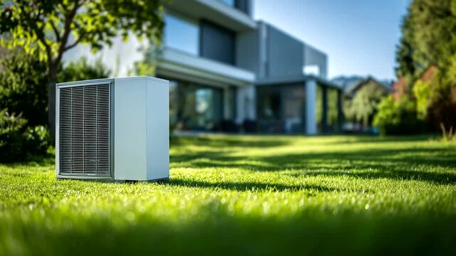 Modern outdoor air conditioning unit in a sunny garden