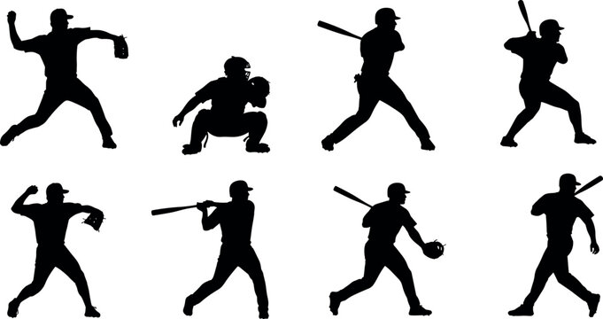 Baseball player silhouettes in dynamic action poses, pitching, batting, catching, running, sports vector illustration for athletic design themes