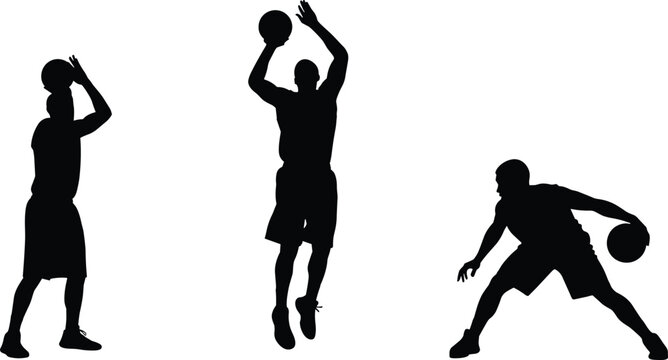 Basketball player silhouettes illustration, dynamic action poses vector design, shooting dribbling jumping icons, sports movement art collection