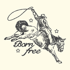 Vintage western illustration graphic design featuring a determined cowboy expertly riding a bucking bronco while swinging a lasso high above his head. © bbilfunk