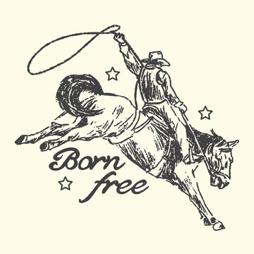 Vintage western illustration graphic design featuring a determined cowboy expertly riding a bucking bronco while swinging a lasso high above his head.