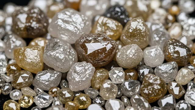 A pile of rough and polished diamonds in various colors and sizes