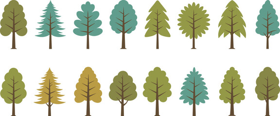 Assortment of stylized trees in various green and brown tones on a white background © Maru