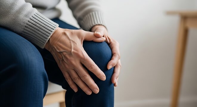person holding knee in pain, sitting on chair indoors