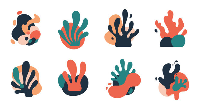 A set of organic abstract artistic shapes create a natural collage feel, representing seaweed, coral, and aquatic life, arranged in a visually appealing decorative pattern with artistic flair