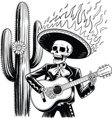 Obraz premium Day of the dead skeleton mariachi playing guitar with flaming sombrero and cactus