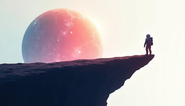 Astronaut stands on alien cliff edge looking at large red planet. Sci fi scene with lone space explorer on rocky terrain exploring new world. Cosmic journey, adventure.