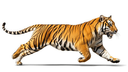 Obraz premium A tiger is running quickly across a plain white background