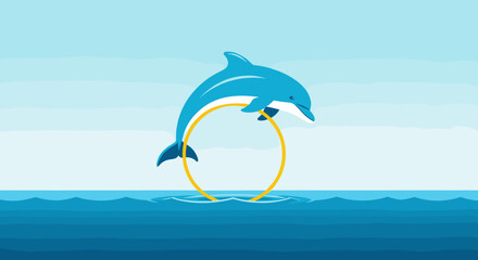Dolphins jumping through yellow hoop. © Z Z K V V C Art