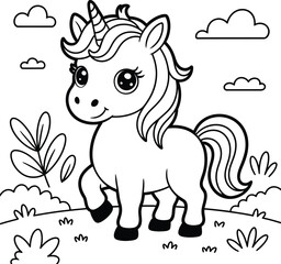 Obraz premium Cute unicorn coloring page for kids with clouds and nature background