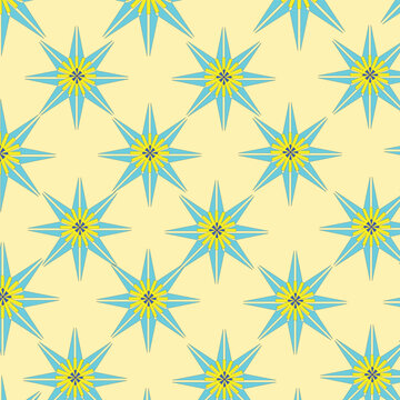 A seamless geometric starburst pattern with sharp blue and yellow star shapes on a soft background. Great for modern prints, digital backgrounds, and creative designs.