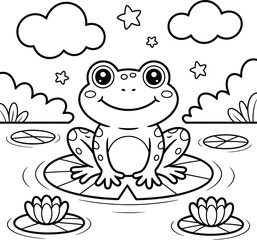 Fototapeta premium Cute frog sitting on a lily pad in a pond coloring page for kids