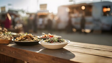 Inviting street food display a rustic table brimming with delicious dishes bathed in warm sunlight