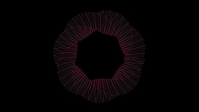 Abstract geometric line art animation with a rotating colorful heptagon shape on a black background
