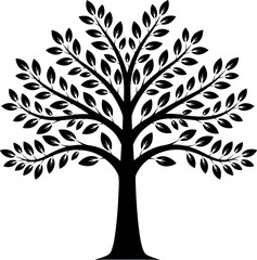Obraz premium Black silhouette of stylized tree with branches and leaves, elegant vector artwork symbolizing growth, nature, life, and family heritage design