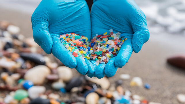 Hands in blue gloves hold colorful micro debris from the ocean shore, illustrating environmental pollution and ecological concern. Clean up beach