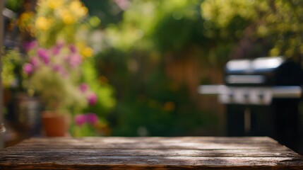 Fototapeta premium Cozy summer backyard scene featuring a wooden table bathed in warm sunlight and garden details