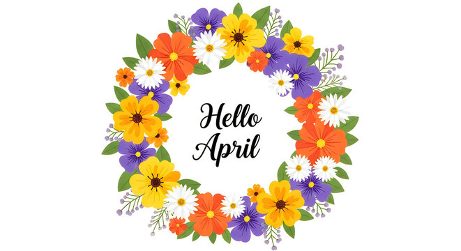 April fools' day greeting card with colorful spring floral wreath and hello april text