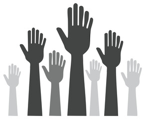 Fototapeta premium Diverse group of people raising hands in a stylized illustration showing unity and participation
