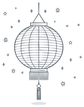 Ink drawing of a round paper lantern with decorative elements