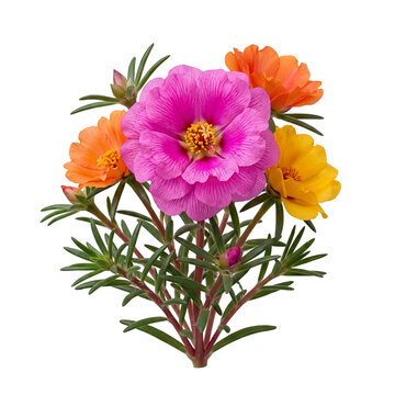 Exquisite cluster of vibrant moss-rose purslane blossoms, a kaleidoscope of pink, orange, and yellow petals, embodying fresh garden beauty and natural charm