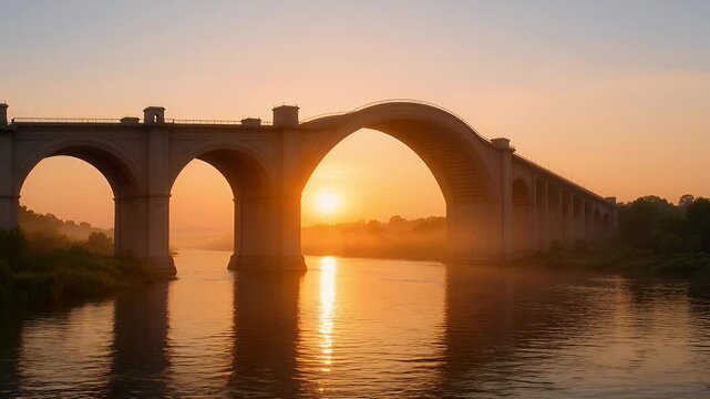 Majestic concrete multi-arch bridge over misty river at sunrise, orange sky and reflections