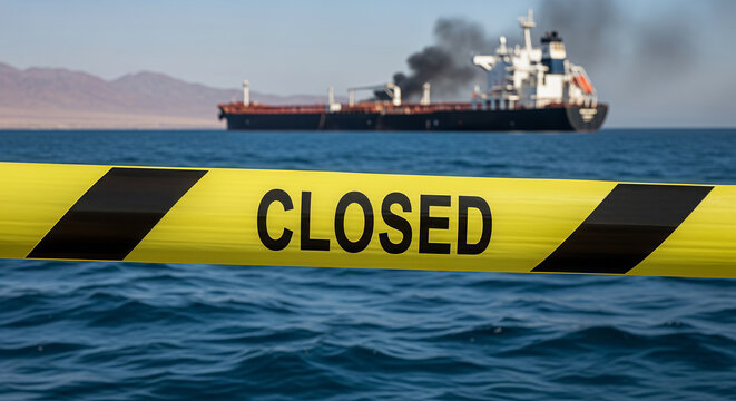 Yellow caution tape with closed text stretched over sea with burning oil tanker. Maritime blockade and global energy crisis concept. Restricted navigation zone in international water.