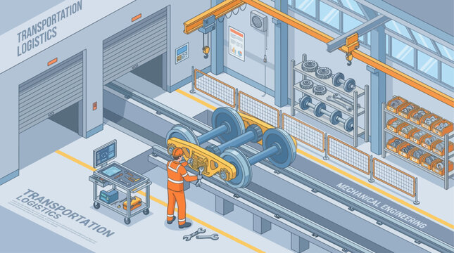 Isometric Railway Technician Repairing Train Wheel Bogie in Industrial Maintenance Workshop, Transportation Logistics Engineering Vector Illustration