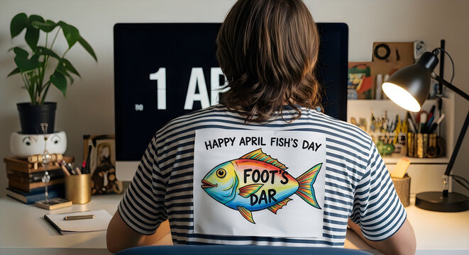 Man celebrating april fool's day with humor and prankster attire in front of computer