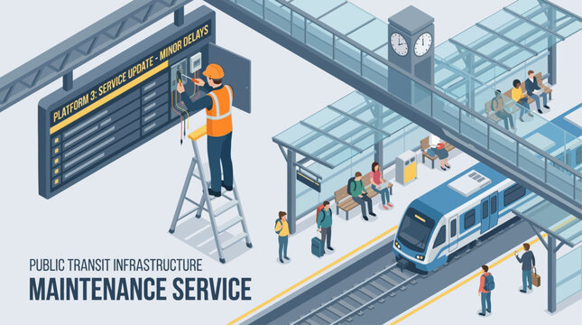 Isometric Railway Technician Repairing Digital Display at Modern Train Station Platform with Passengers Waiting