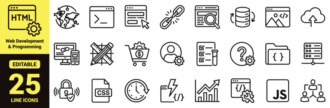 Web development and programming icon set featuring coding symbols, HTML, CSS, JavaScript, databases, cloud tools, analytics, security, and high‑ranking tech UI elements in modern line‑art vector style