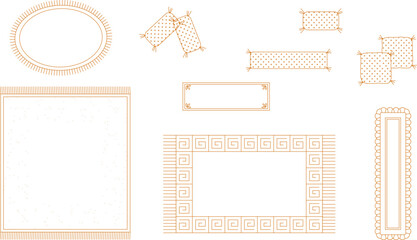 Technical interior design plan view showing various decorative rug and carpet layouts with different border patterns including Greek key, fringe and dotted designs. © Riki