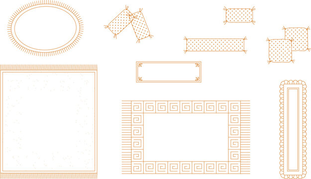 Technical interior design plan view showing various decorative rug and carpet layouts with different border patterns including Greek key, fringe and dotted designs.