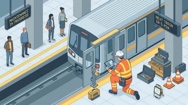 Isometric Subway Train Technician Inspecting Railway System at Modern Metro Station Platform, Maintenance Worker with Safety Equipment and Digital Tools