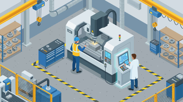 Isometric CNC Machine Operator and Engineer in Modern Smart Factory, Industrial Manufacturing Automation, Precision Metalworking Technology, Digital Production Control Room