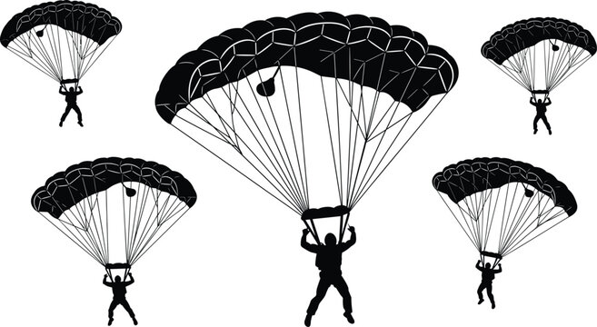 Black silhouette vector illustration, parachutists descending, skydiving scene, open parachutes, airborne operation, recreational sport, military training, adventure concept, human figures
