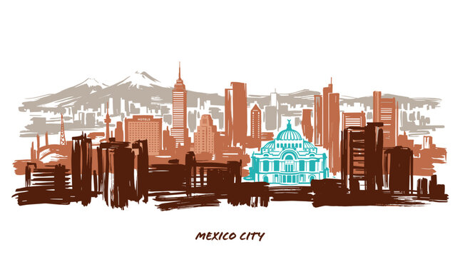 A stylized illustration of the Mexico City skyline featuring iconic buildings, distant mountains, and the Palacio de Bellas Artes highlighted in blue.